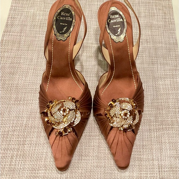 Rene Caovilla Shoes - Rene Caovilla Brown Satin Heels with Embellishments